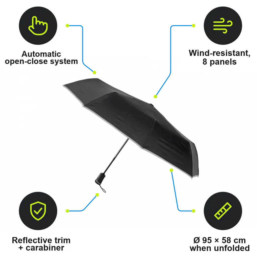 Infographic: SCHWARZWOLF CRUX Folding Umbrella with Reflective Tape and Carabiner, Black