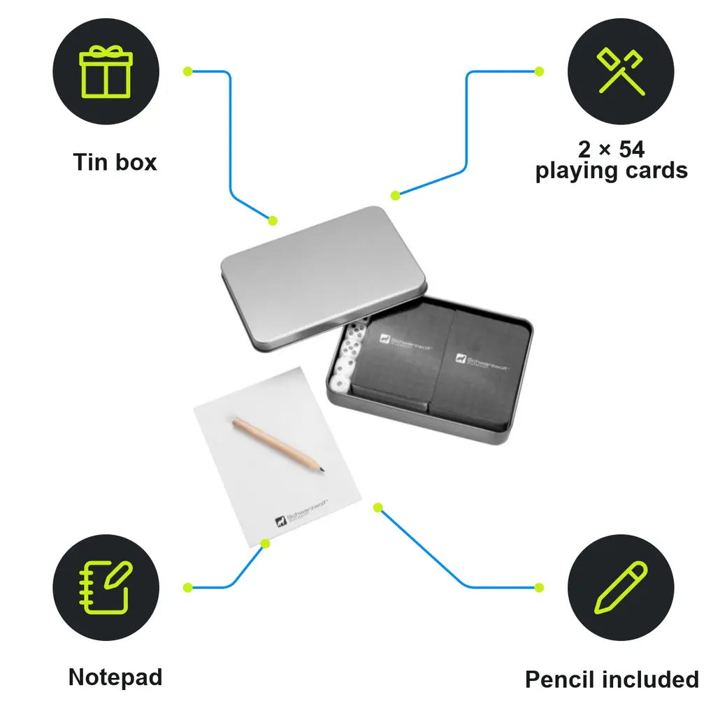 Infographic: SCHWARZWOLF MURRAY Game set with 2 packs of cards, notepad and dice