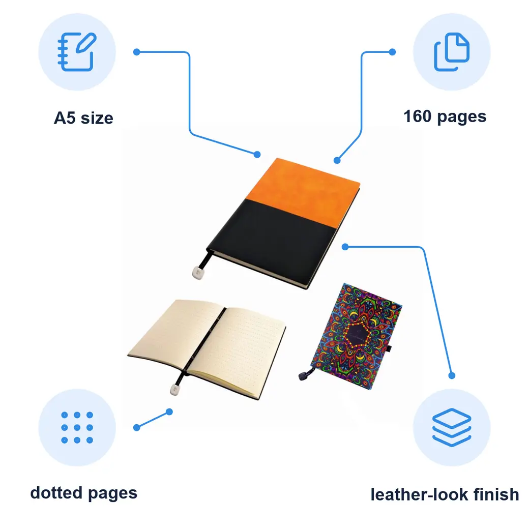 Infographic: PIERRE CARDIN REPORTER Notepad A5, dotted sheets, orange/black