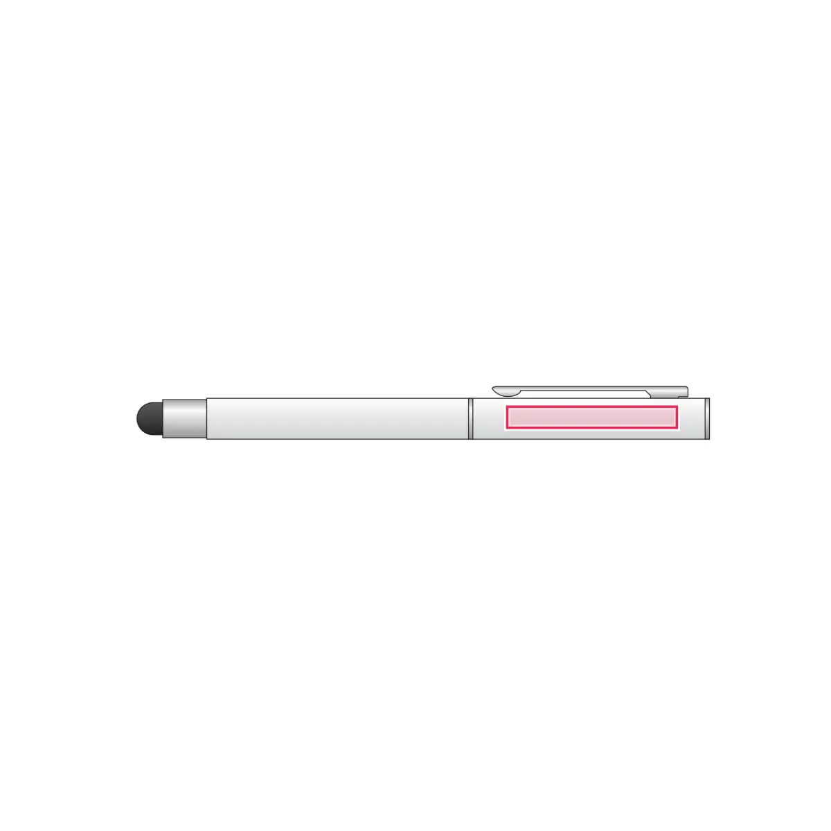 Print location: CLAUDIE Metal Rollerball pen with Stylus, White - Side of Pen Body