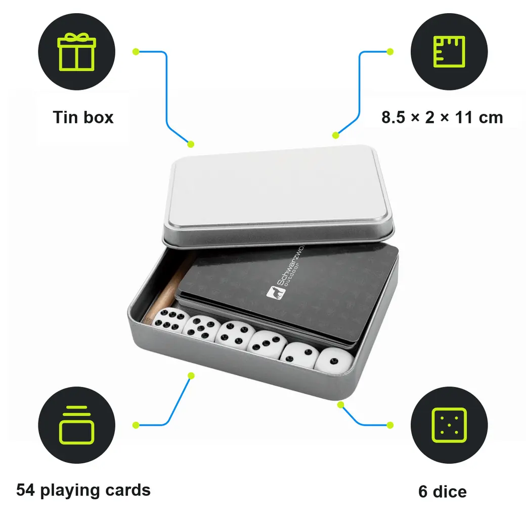 Infographic: SCHWARZWOLF YARRA Game set with a pack of cards, notepad and dice