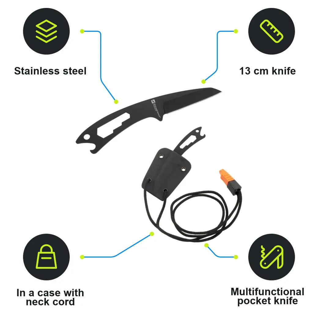 Infographic: SCHWARZWOLF BAKO Multi-function pocket knife in case with string, black