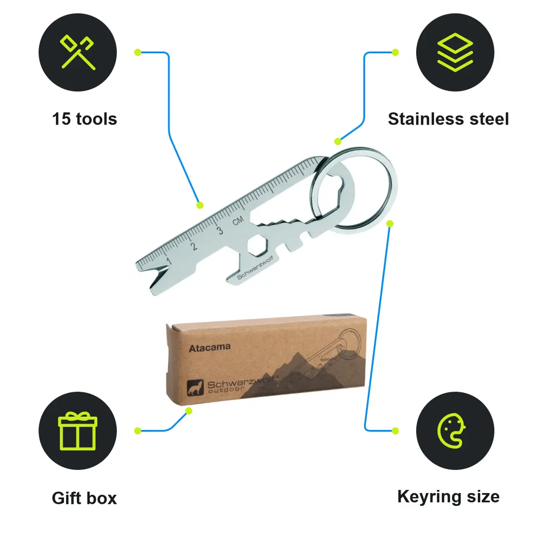 Infographic: SCHWARZWOLF ATACAMA Multifunctional Keychain, 13 Tools, Silver