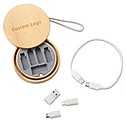 A set of charging cables in a bamboo box, a key ring