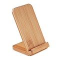 Double coil wireless charger for 1 device in bamboo casing and with stand functionality.