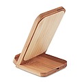 Double coil wireless charger for 1 device in bamboo casing and with stand functionality.