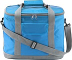 Polyester (420D) cooler bag with aluminium lining, a front pocket, and adjustable carry strap.