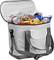 Polyester (420D) cooler bag with aluminium lining, a front pocket, and adjustable carry strap.