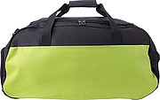Polyester (600D) sports bag with large main compartment and zippered pocket on the side.