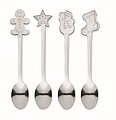 Set of 4 different stainless steel Christmas motif tea spoons.