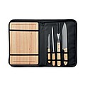 Set of 4 stainless steel barbecue grilling accessories with cutting board in polyester pouch.
