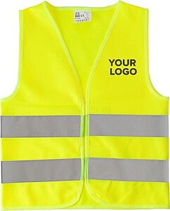 100% Polyester neon safety jacket for children. For promotional use.