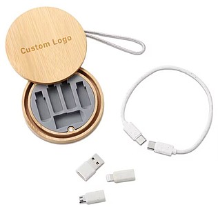 A set of charging cables in a bamboo box, a key ring
