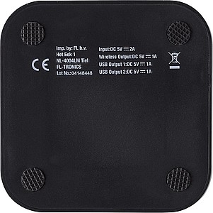 ABS charger with wireless technology and USB and micro USB ports.