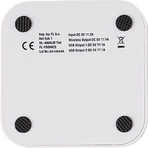ABS charger with wireless technology and USB and micro USB ports.