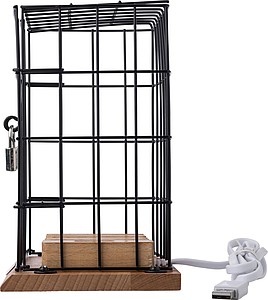 Aluminium and wooden phone holder cage, including USB ports and lock with 2 small keys.