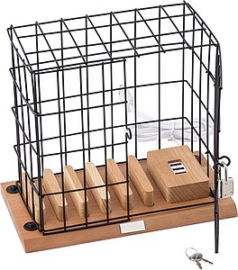 Aluminium and wooden phone holder cage, including USB ports and lock with 2 small keys.