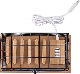 Aluminium and wooden phone holder cage, including USB ports and lock with 2 small keys.