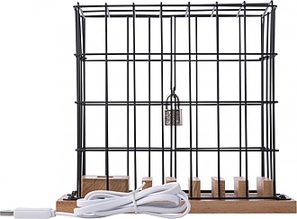 Aluminium and wooden phone holder cage, including USB ports and lock with 2 small keys.