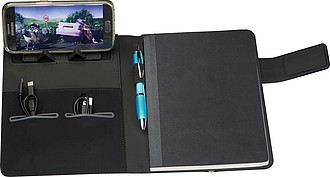 DIN A5 notebook with integrated LED light and powerbank