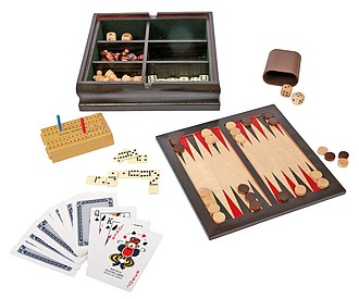 Game set "Family-fun" in wooden box,colour brown