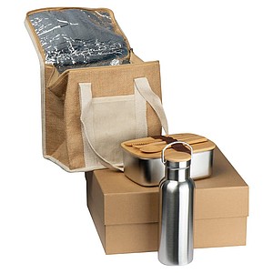 Gift set with drinking bottle , lunch box an jute