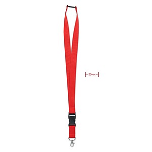 Lanyard with metal hook, detachable buckle and safety breakaway. 25mm wide.