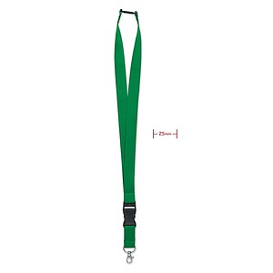 Lanyard with metal hook, detachable buckle and safety breakaway. 25mm wide.
