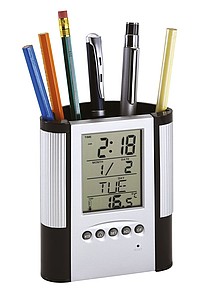 LCD alarm clock/ pen holder "Butler" with date and thermometer,colour silver, black