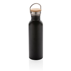 Modern stainless steel bottle with bamboo lid, black