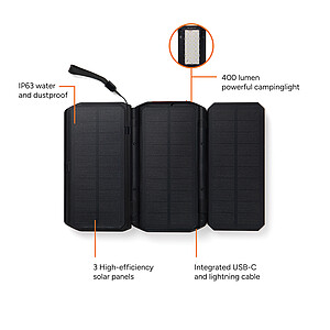Nordic Drift Solar Power Bank with 3 Panels 10,000 mAh, Black