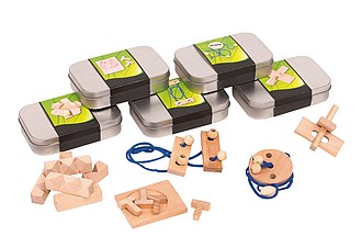 Patience game "Think about" in metal box, 5-times assorted,colour silver