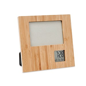 Photo frame in bamboo with weather station. Displays time, date and temperature.