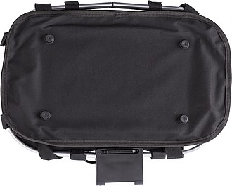 Polyester (600D) bicycle bag, attaches to the handlebar with metal ring and Velcro.