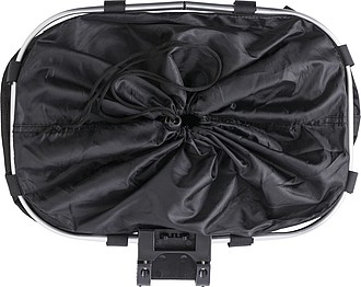 Polyester (600D) bicycle bag, attaches to the handlebar with metal ring and Velcro.