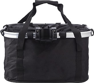 Polyester (600D) bicycle bag, attaches to the handlebar with metal ring and Velcro.