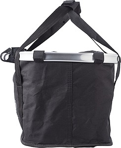 Polyester (600D) bicycle bag, attaches to the handlebar with metal ring and Velcro.