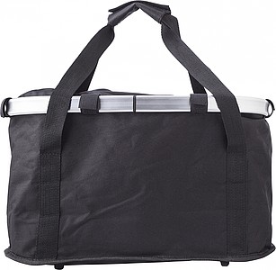 Polyester (600D) bicycle bag, attaches to the handlebar with metal ring and Velcro.