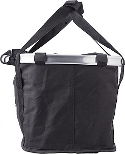 Polyester (600D) bicycle bag, attaches to the handlebar with metal ring and Velcro.