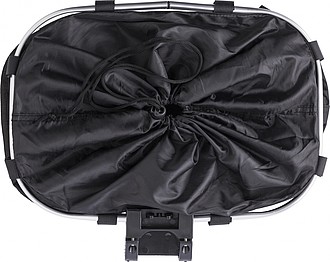 Polyester (600D) bicycle bag, attaches to the handlebar with metal ring and Velcro.