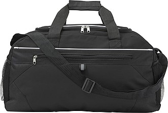 Polyester (600D) sports bag with front zipped pocket and a mesh pocket on both sides.