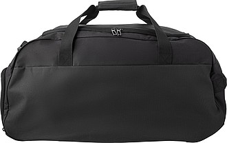 Polyester (600D) sports bag with large main compartment and zippered pocket on the side.