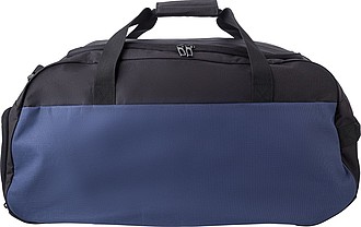 Polyester (600D) sports bag with large main compartment and zippered pocket on the side.