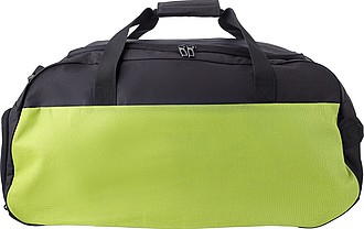 Polyester (600D) sports bag with large main compartment and zippered pocket on the side.