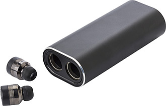 Power bank with two wireless earbuds. The Li-ion battery has a 4000 mAh capacity.
