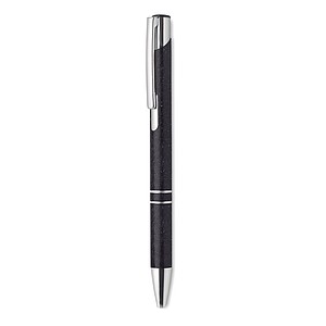 Push button ball pen in 50% wheat straw and 50% ABS material with silver fittings. Blue ink.