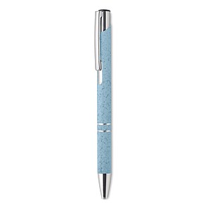 Push button ball pen in 50% wheat straw and 50% ABS material with silver fittings. Blue ink.