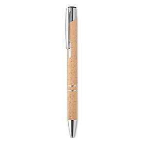 Push button ball pen in 50% wheat straw and 50% ABS material with silver fittings. Blue ink.