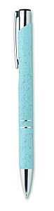 Push button ball pen in 50% wheat straw and 50% ABS material with silver fittings. Blue ink.