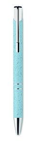 Push button ball pen in 50% wheat straw and 50% ABS material with silver fittings. Blue ink.